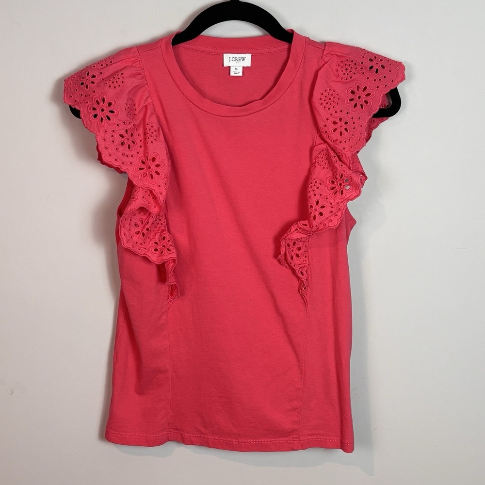 J.Crew Women's Pink Eyelet Ruffle Shoe sleeve Blouse Size Small Preppy Summer
